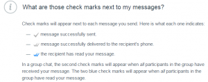 Partial screenshot of WhatsApp FAQ on the 'blue ticks' (2014-11-07).